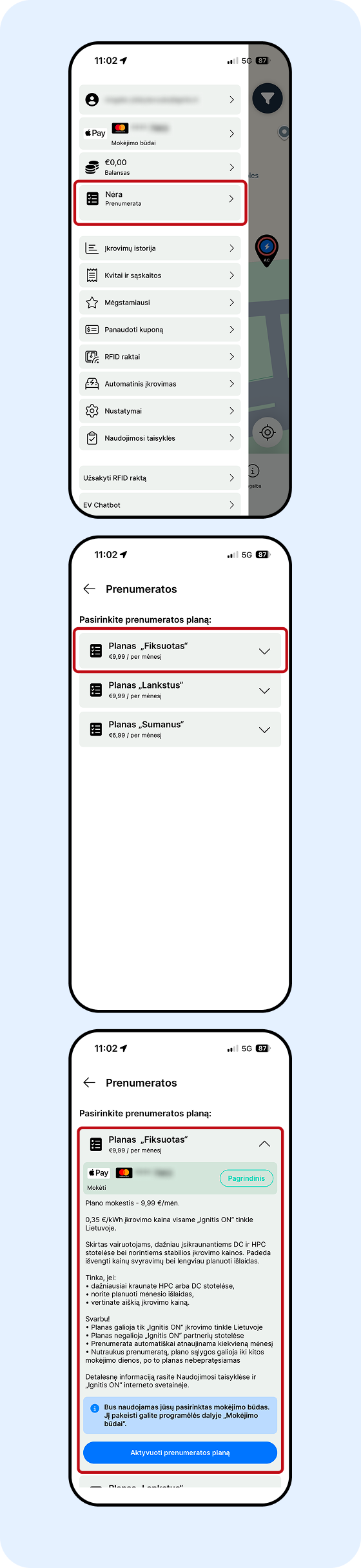 Ignitis ON programėlės ekrano nuotraukos, kuriose galima sužinoti, kaip užsisakyti Ignitis ON prenumeratos planą fiksuotas.