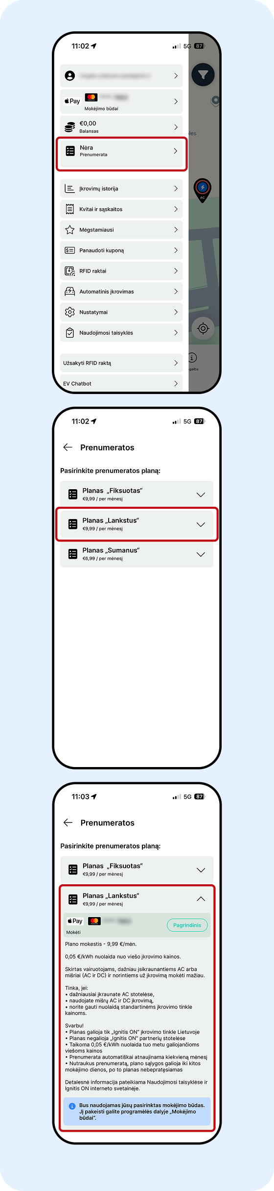 Ignitis ON programėlės ekrano nuotraukos, kuriose galima sužinoti, kaip užsisakyti Ignitis ON prenumeratos planą lankstus.