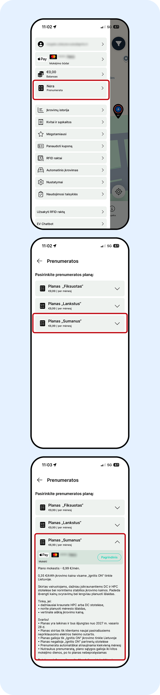 Ignitis ON programėlės ekrano nuotraukos, kuriose galima sužinoti, kaip užsisakyti Ignitis ON prenumeratos planą sumanus.