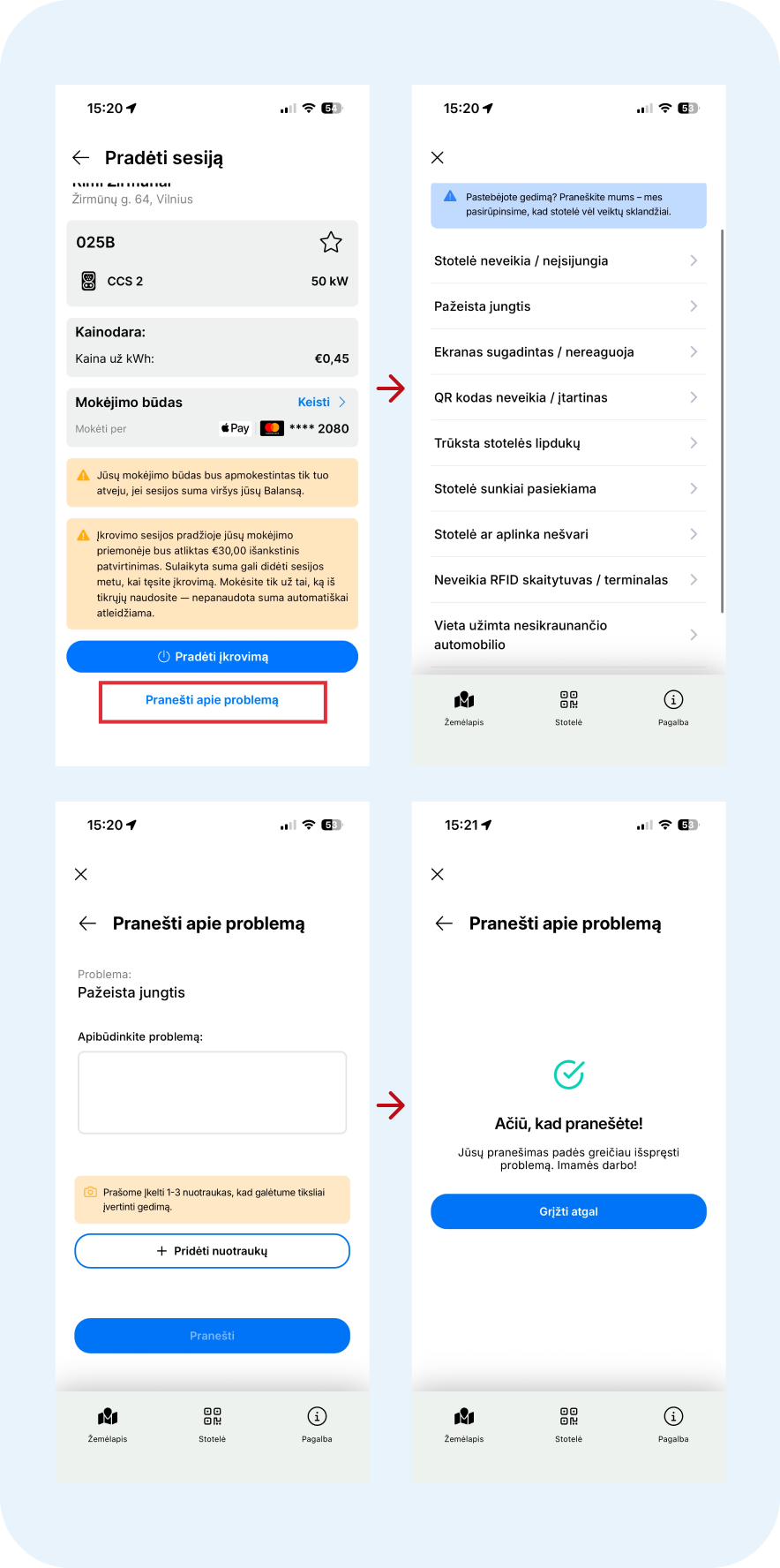 Instrukcija, kaip pranešti apie problemą Ignitis ON programėlėje.