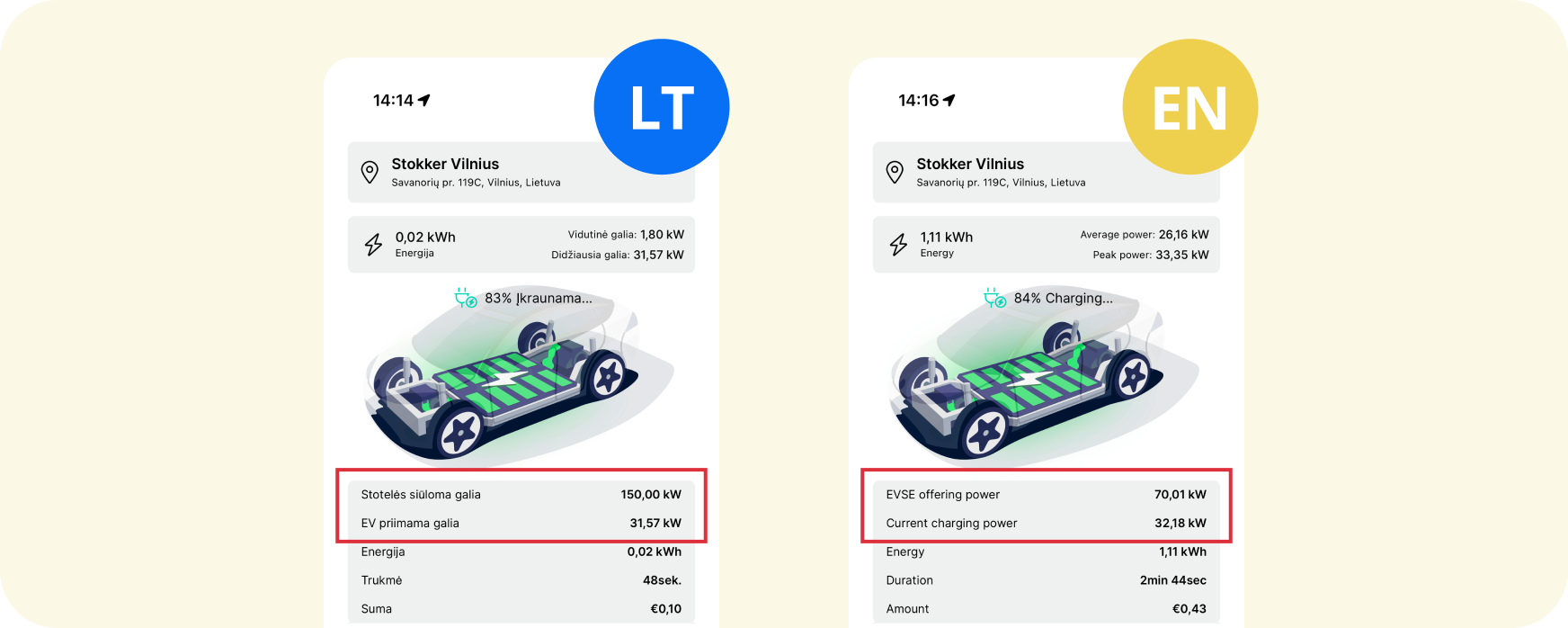 Ignitis ON programėlėje stotelės siūloma galia ir EV priimama galia įsikraunant elektromobilį.