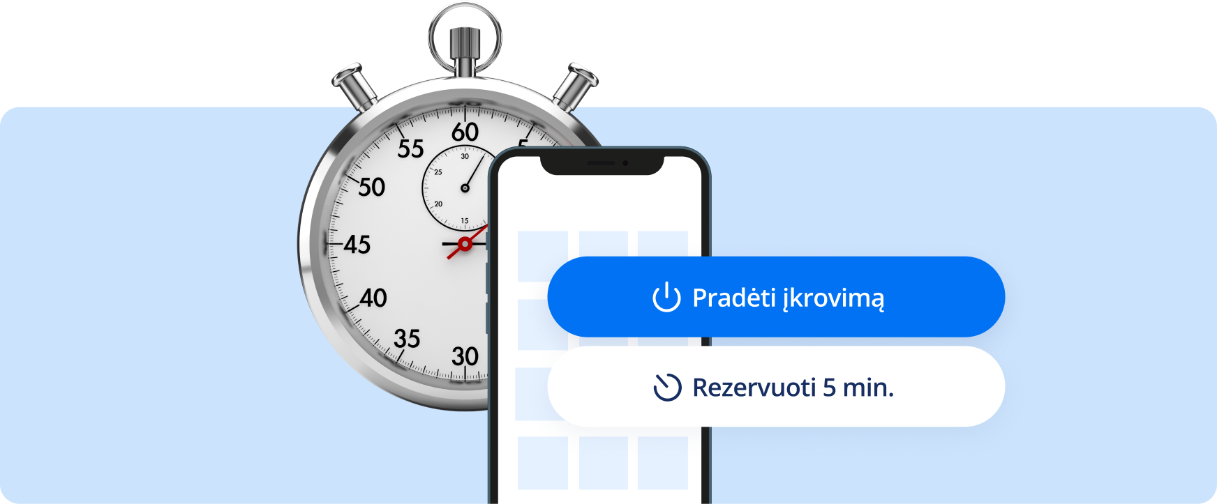 Sekundometras, mobilaus telefono ekranas ir du mygtukai: „Pradėti įkrovimą“ ir „Rezervuoti 5 min.“