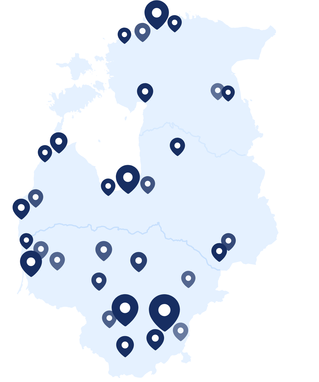Baltic countries map with EV charging locations pins