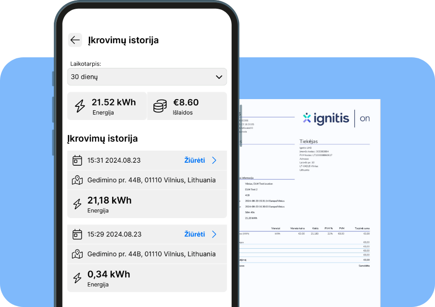 Įkrovimų istorija Ignitis ON programėlėje