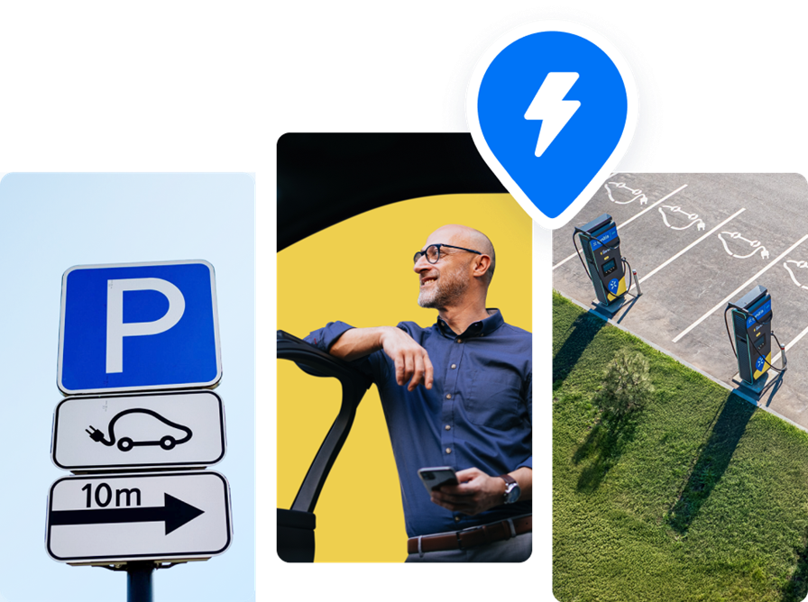 Koliažas iš skirtingų nuotraukų: parkavimo elektromobiliams kelio ženklas, besišypsantis vyras su mobiliu telefonu rankoje, Ignitis ON žemėlapio stotelių PIN ženkliukas ir dvi Ignitis ON greito įkrovimo stotelės.