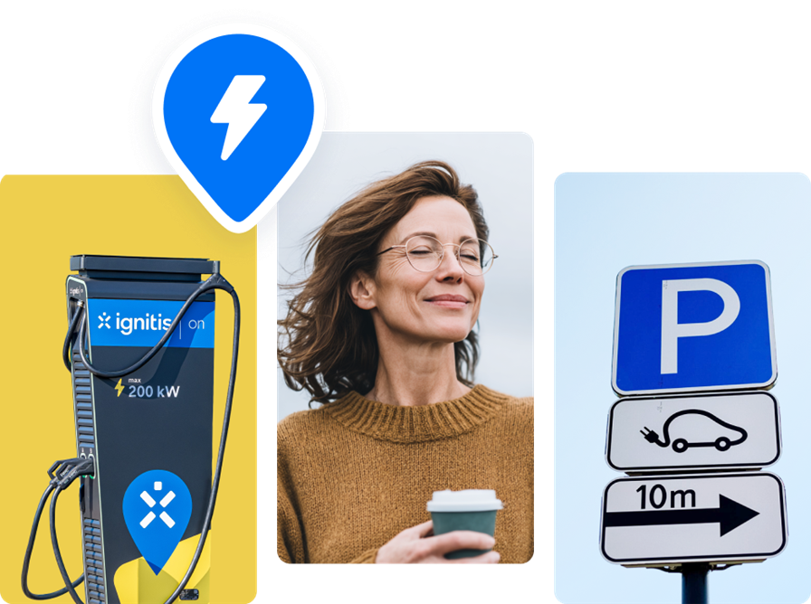 Koliažas iš skirtingų nuotraukų: Ignitis ON greitojo įkrovimo stotelė, žemėlapio PIN ženkliukas, besišypsanti moteris rankoje laikanti kavos puodelį ir parkavimo elektromobiliams kelio ženklas.