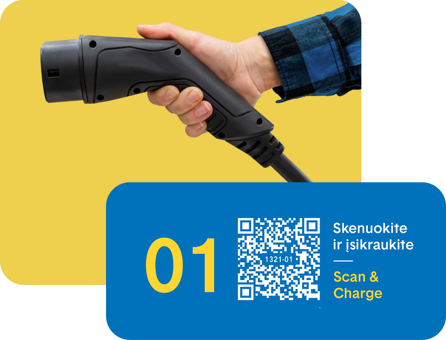 QR kodas, kurį rasite ant Ignitis ON įkrovimo stotelių ir įkrovimo jungtis.