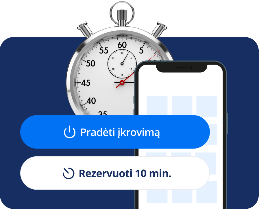 Koliažas iš laikrodžio, mobilaus telefono ir dviejų mygtukų, kuriuose parašyta „Pradėti įkrovimą“ ir „Rezervuoti 10 min.“