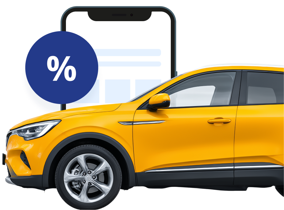 Geltonas elektromobilis, mobilus telefonas ir nuolaidos ženklas.