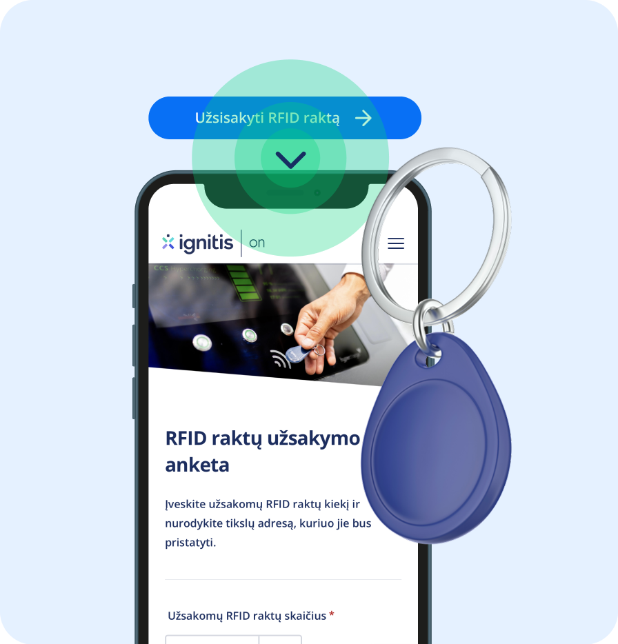 RFID raktas ir mobilus telefonas, kurio ekrane matoma RFID raktų užsakymo anketa, o virš mobilaus telefono mygtukas - „Užsisakyti RFID raktą“. 
