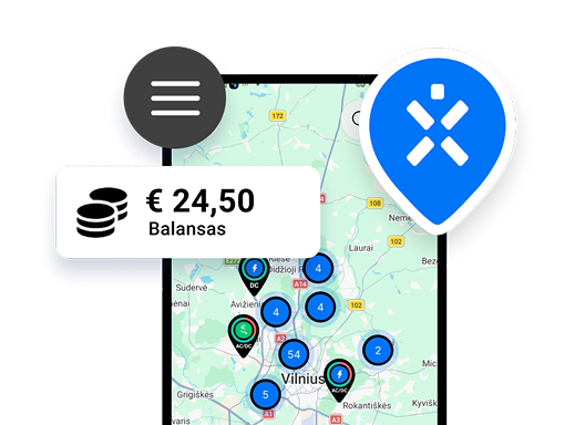 Ignitis ON programėlėje esantis įkrovimo stotelių žemėlapis, o šalia Ignitis ON programėlėje esantis sukauptų lėšų balansas.