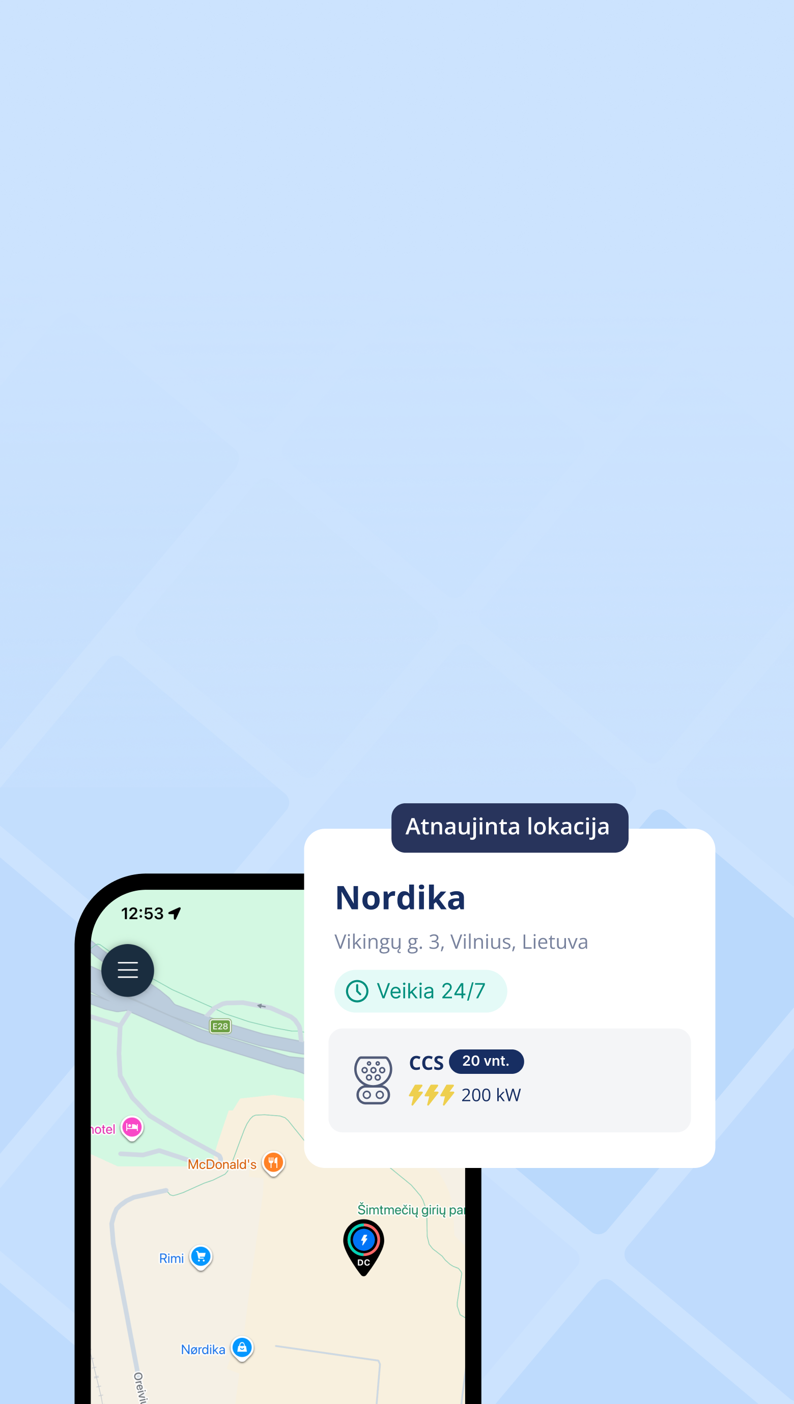 Ignitis ON žemėlapyje matoma atnaujinto Ignitis ON itin greito elektromobilių įkrovimo parko lokacija prie Nordika prekybos centro, Vilniuje.