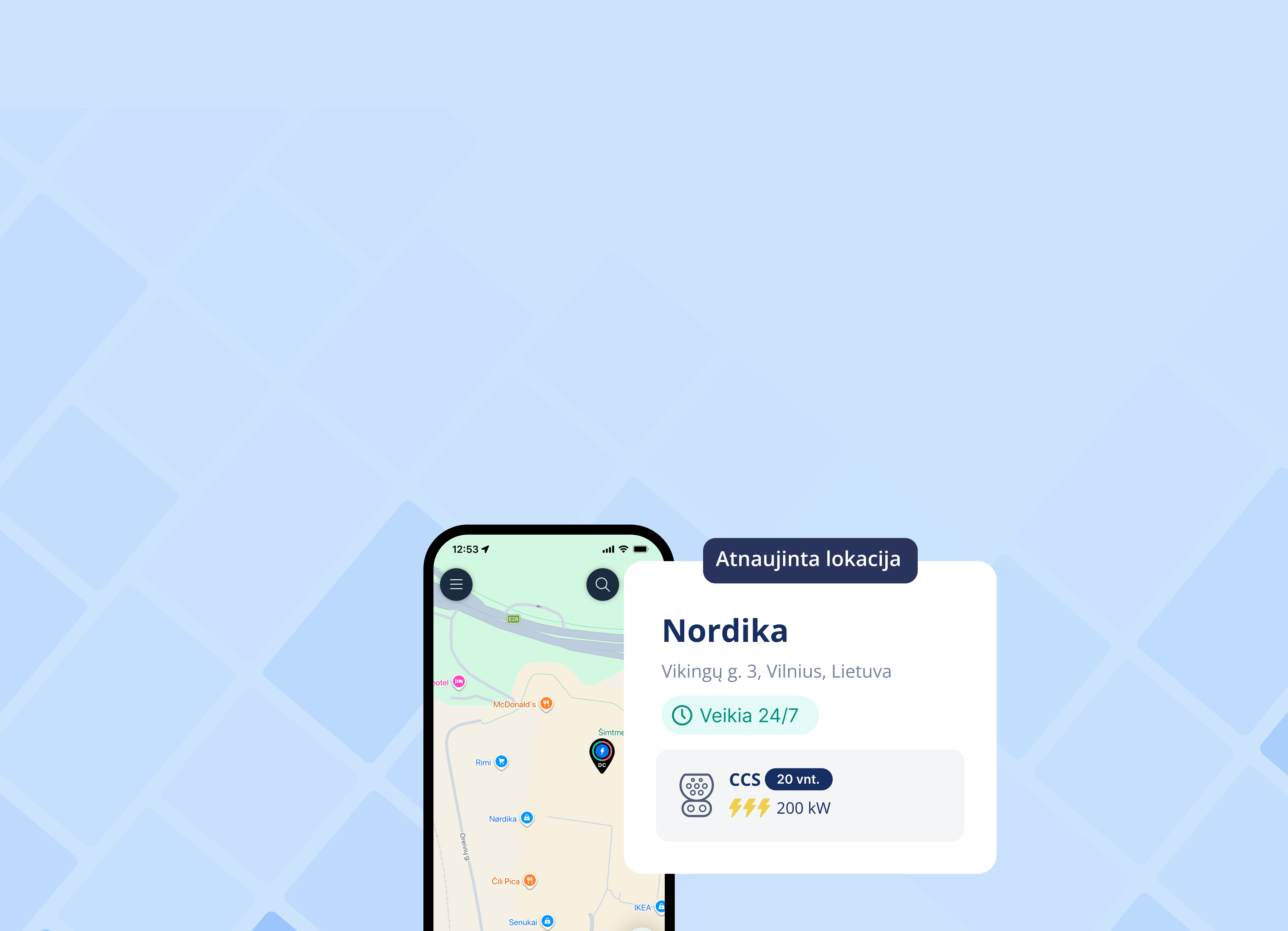 Ignitis ON žemėlapyje matoma atnaujinto Ignitis ON itin greito elektromobilių įkrovimo parko lokacija prie Nordika prekybos centro, Vilniuje.