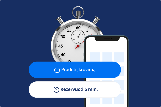 Koliažas iš laikrodžio, mobilaus telefono ir dviejų mygtukų, kuriuose parašyta „Pradėti įkrovimą“ ir „Rezervuoti 5 min.“