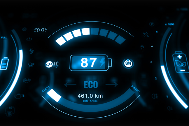 Įjungtas ECO režimas elektromobilio skydelyje.