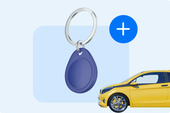 RFID raktas ir geltonas elektromobilis.