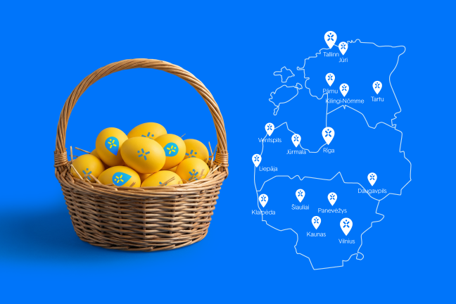 Velykiniai Ignitis ON kiaušiniai pintame krepšelyje ir Baltijos šalių žemėlapiai.