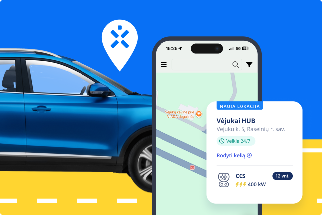 Elektromobilis, Ignitis ON PIN ženkliukas ir telefonas, kurio ekrane Ignitis ON programėlė su įjungta Vėjukai HUB lokacija.