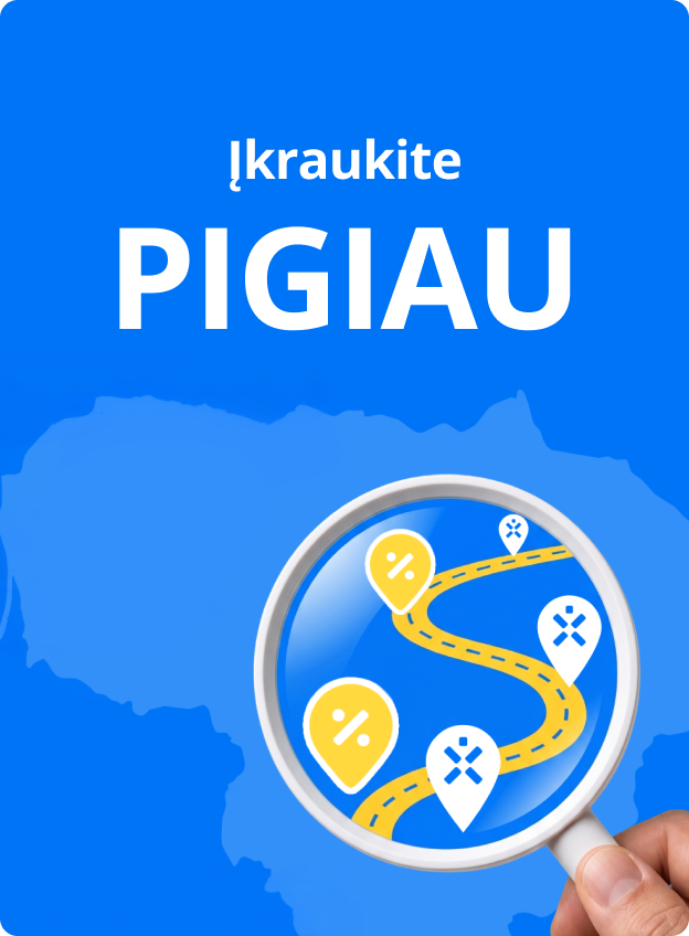 Užrašas „Įkraukite pigiau“ ir Lietuvos žemėlapio kontūrai, kuriame matyti vingiuojantis kelias ir aplink kelią „Ignitis ON“ įkrovimo stotelių PIN ženkliukai, o virš jų ranka, laikanti padidinamąjį stiklą.