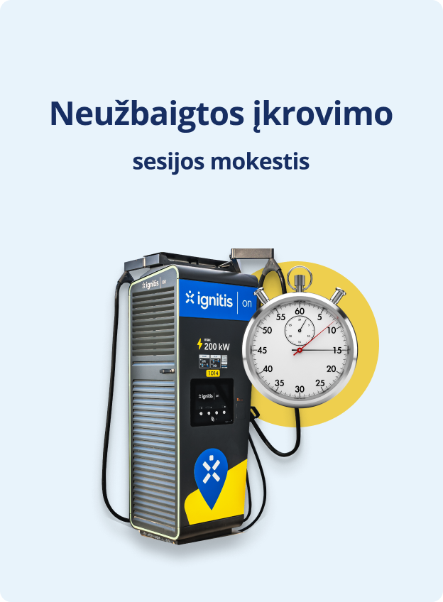 Užrašas: „Neužbaigtos įkrovimo sesijos mokestis“ ir „Ignitis ON“ itin greito įkrovimo stotelė su sekundometru šalia.